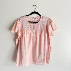 Ella Moss Pink Short Sleeve Eyelet Lace Ruffle Cotton Blouse - XXL